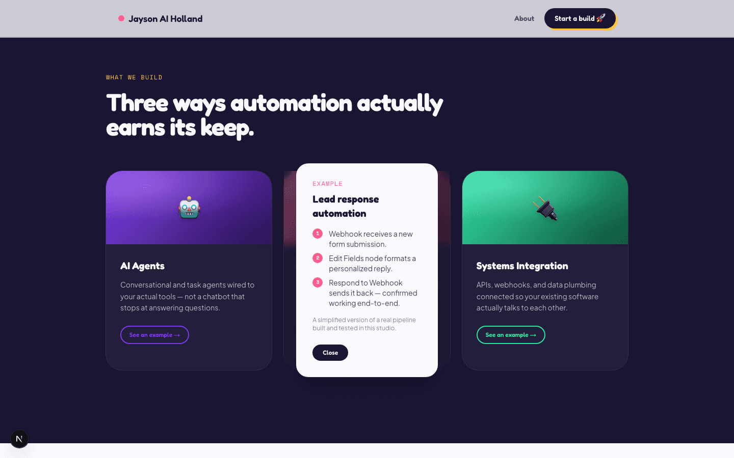 A service card's example modal, open and showing the lead response automation steps