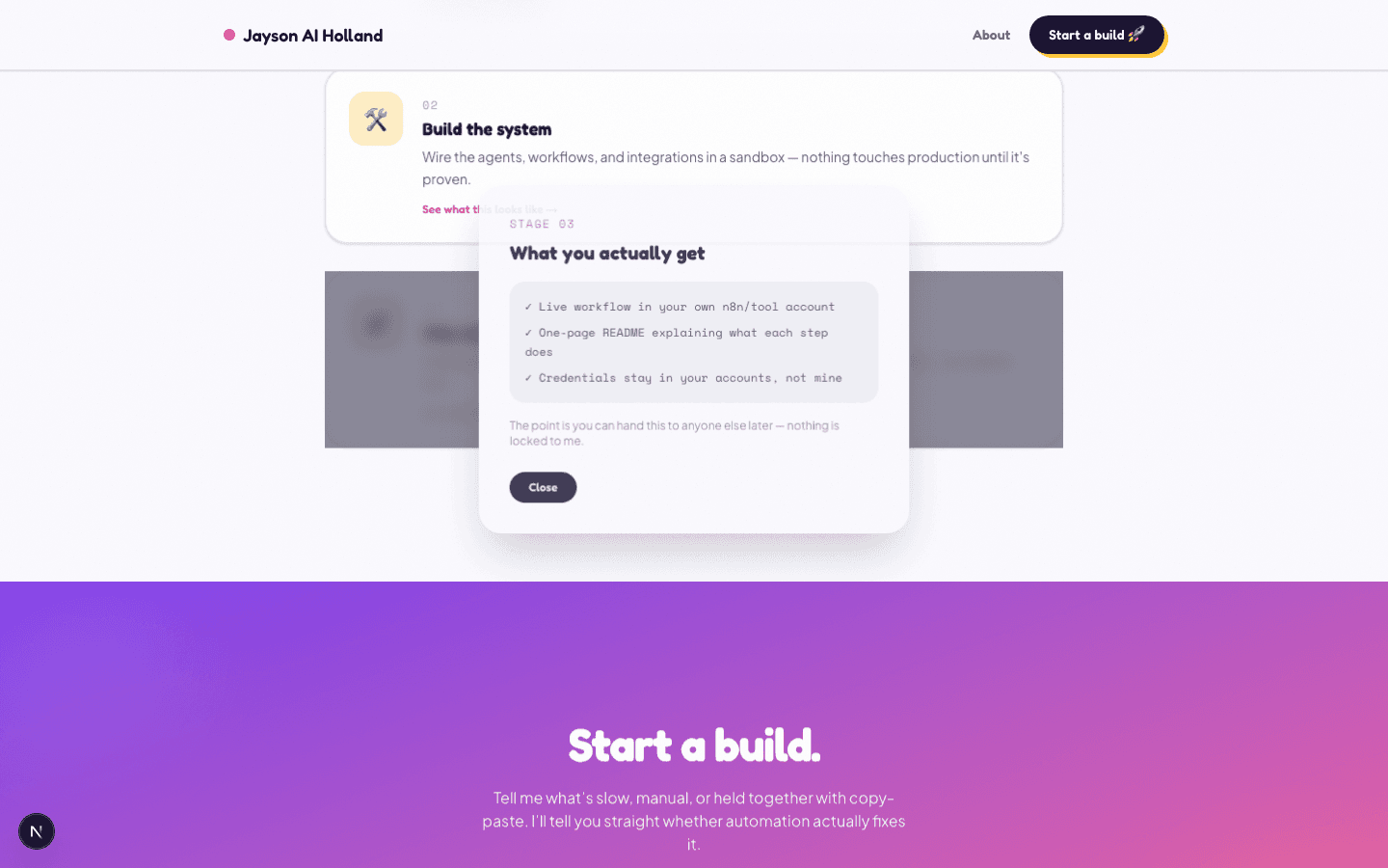 A mission-stage step card's demo modal, open and showing what a hand-off deliverable looks like